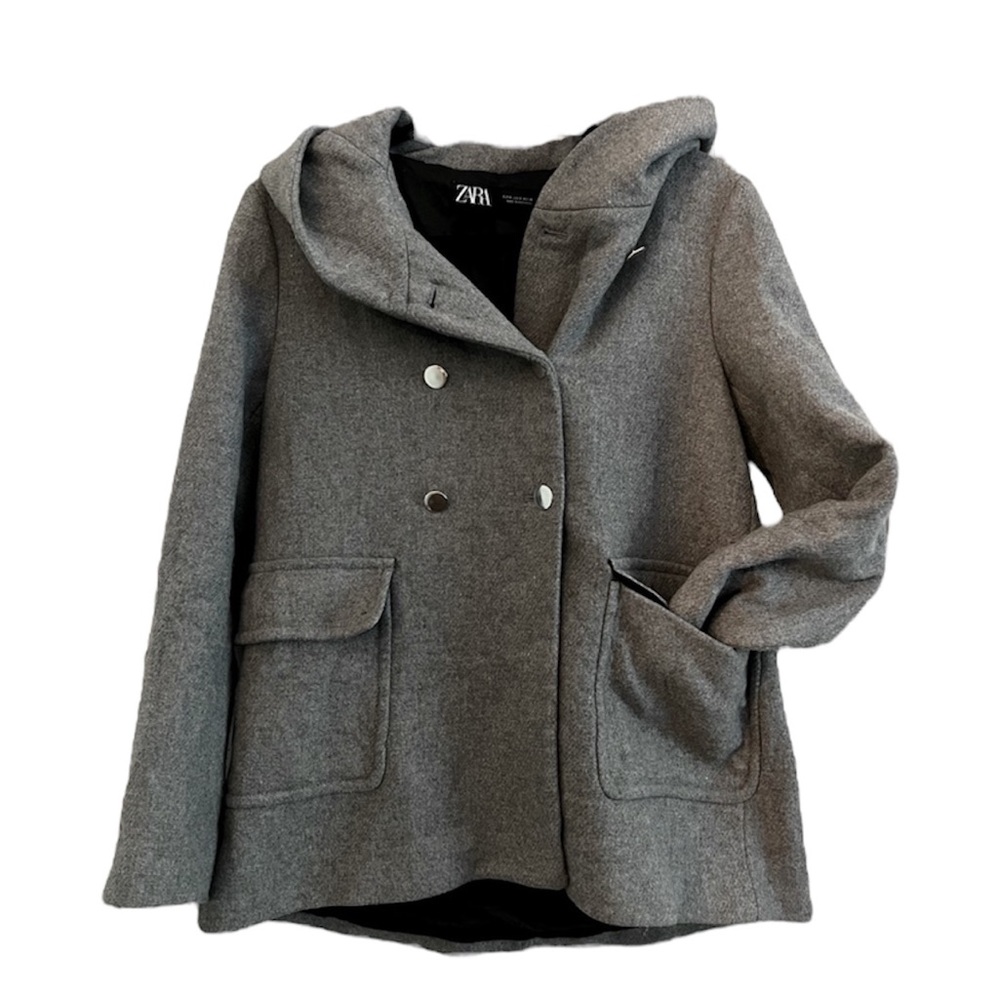 Zara hood double breast wool hooded jacket grey size small - Picture 1 of 12